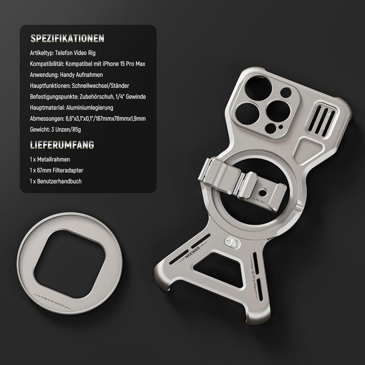 NEEWER LiteArmor Metallrahmen Hülle Kompatibel mit iPhone 15 Pro Max Video Rig Handy Stabilisator mi