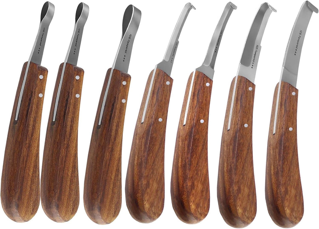 Profi Hufmesser Set 7-Teilig für Pferde 3 Schlaufenmesser 4 Rinnmesser mit Scharfen Klingen Klauenme