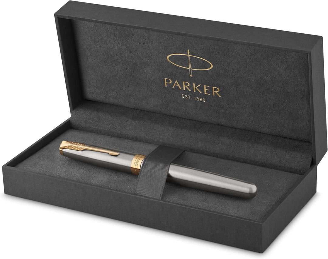 Parker Sonnet Füller | Edelstahl mit Goldzierteilen | Füllfederhalter mit feiner Feder | Geschenkbox