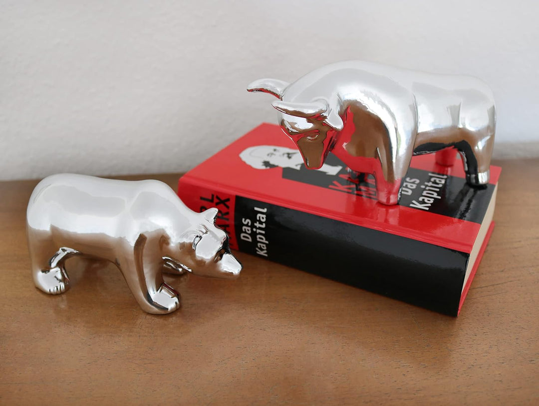 FeinKnick Keramik-Skulptur Bulle und Bär als Symbol für Wirtschaft &amp; Börse - Moderne Dekofigur in Si