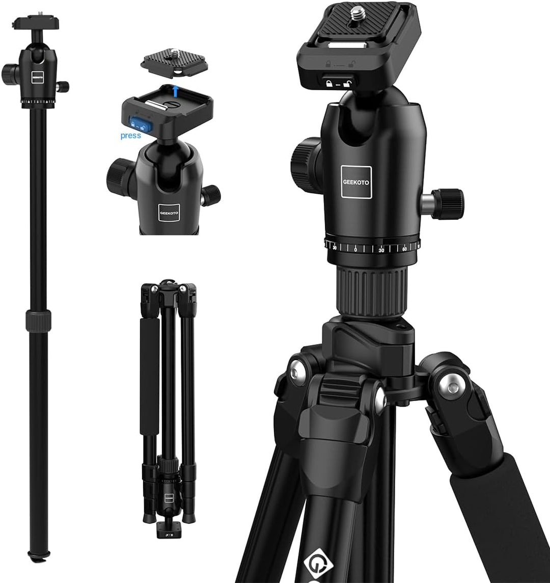 GEEKOTO 77”Kamera Stativ, DSLR Camera Tripod Aluminum Reisestativ mit Einbeinstativ und 360° Panoram