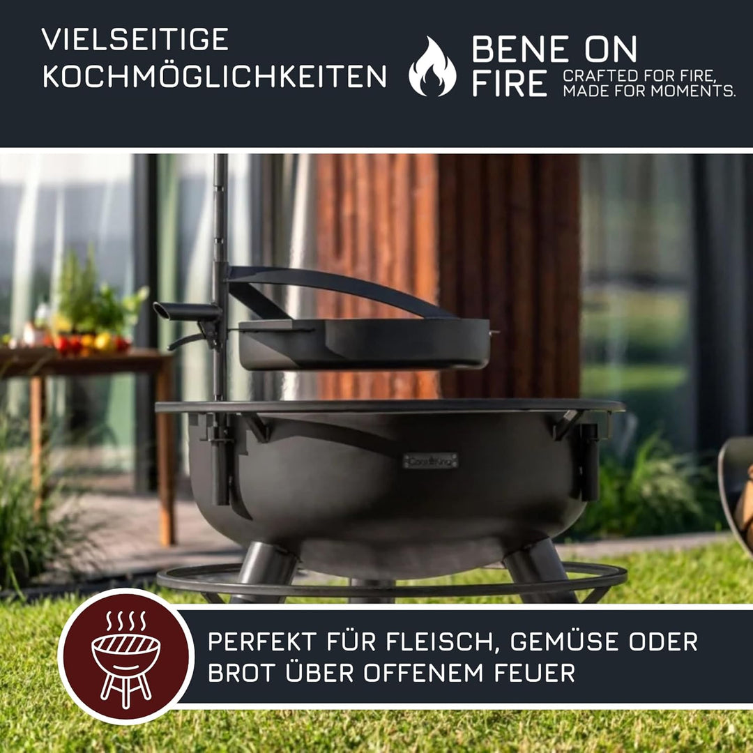 BENE ON FIRE Feuerschalen Grillpfanne Ø 50 cm mit Griff | Stahlpfanne schwarz 6,2 kg hitzebeständig