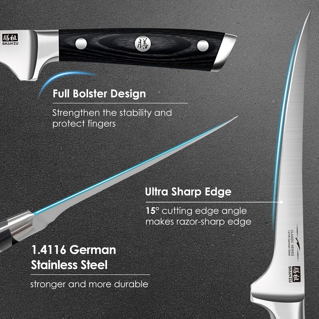 SHAN ZU Filetiermesser, Filitiermesser Scharf 18cm, Deutscher Edelstahl Fischfiliermesser mit Ergono
