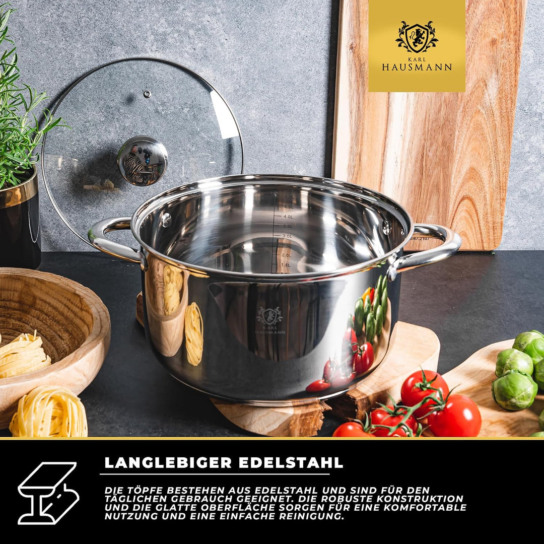 Topfset Induktion 3-teilig, Kochtopf Set mit Glasdeckel, Edelstahl mattiert, Induktions Töpfe Set un