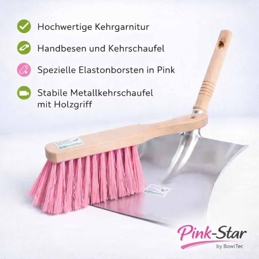 Pink-Star Besen Handfeger Set mit Pinker Borste und Metall-Kehrschaufel mit Holzgriff Kehrgarnitur f
