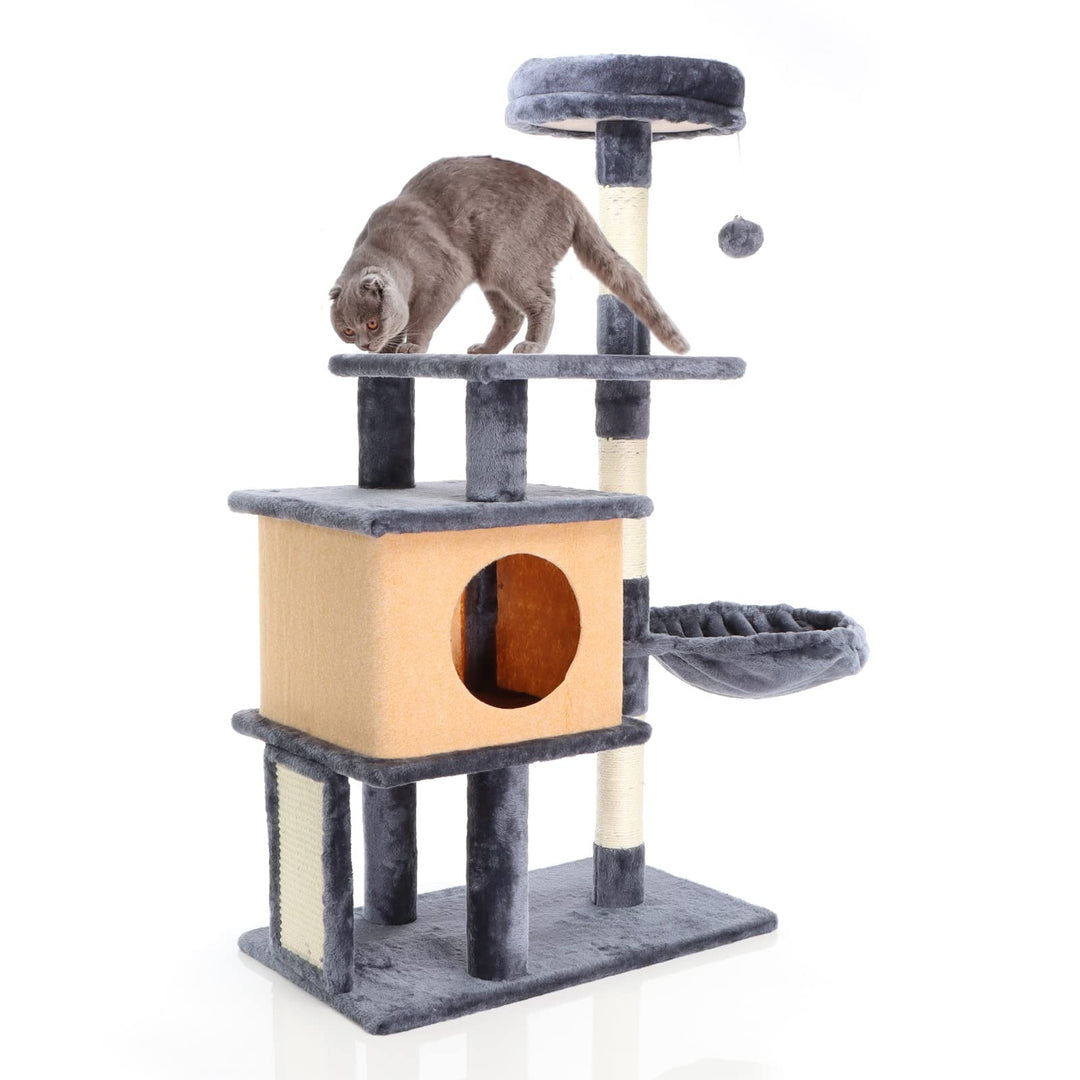 Fudajo Katzenkratzbaum in Dunkelgrau Kratzbaum 112cm hoch Kletterbaum mit Katzenhaus und Liegemulde