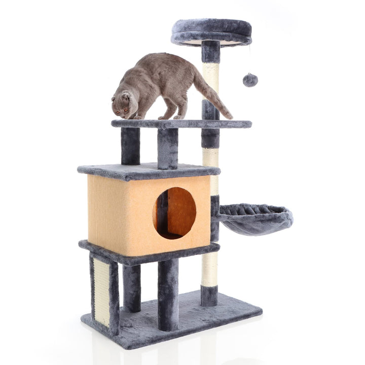 Fudajo Katzenkratzbaum in Dunkelgrau Kratzbaum 112cm hoch Kletterbaum mit Katzenhaus und Liegemulde