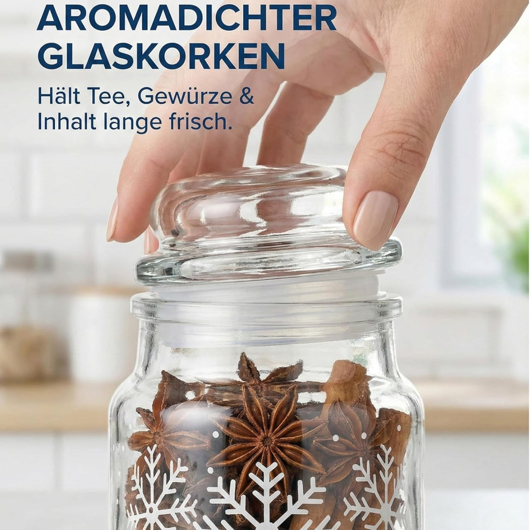 gouveo 12er Set Gläser 100 ml mit Glaskorken - Winter Schneeflocken Design - Vorratsgläser aus Klarg