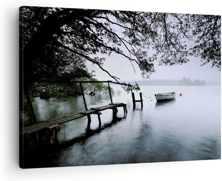 Bilder auf Leinwand See Dock Boot Bäume Leinwandbild mit Rahmen 70x50cm Wandbilder Dekoration Wohnzi