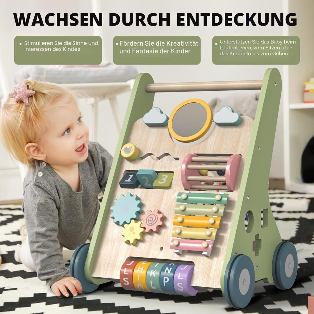 11 in 1 Lauflernwagen Holz Baby Lauflernhilfe mit Rädern, Montessori Aktivitätszentrum Set Baby Walk