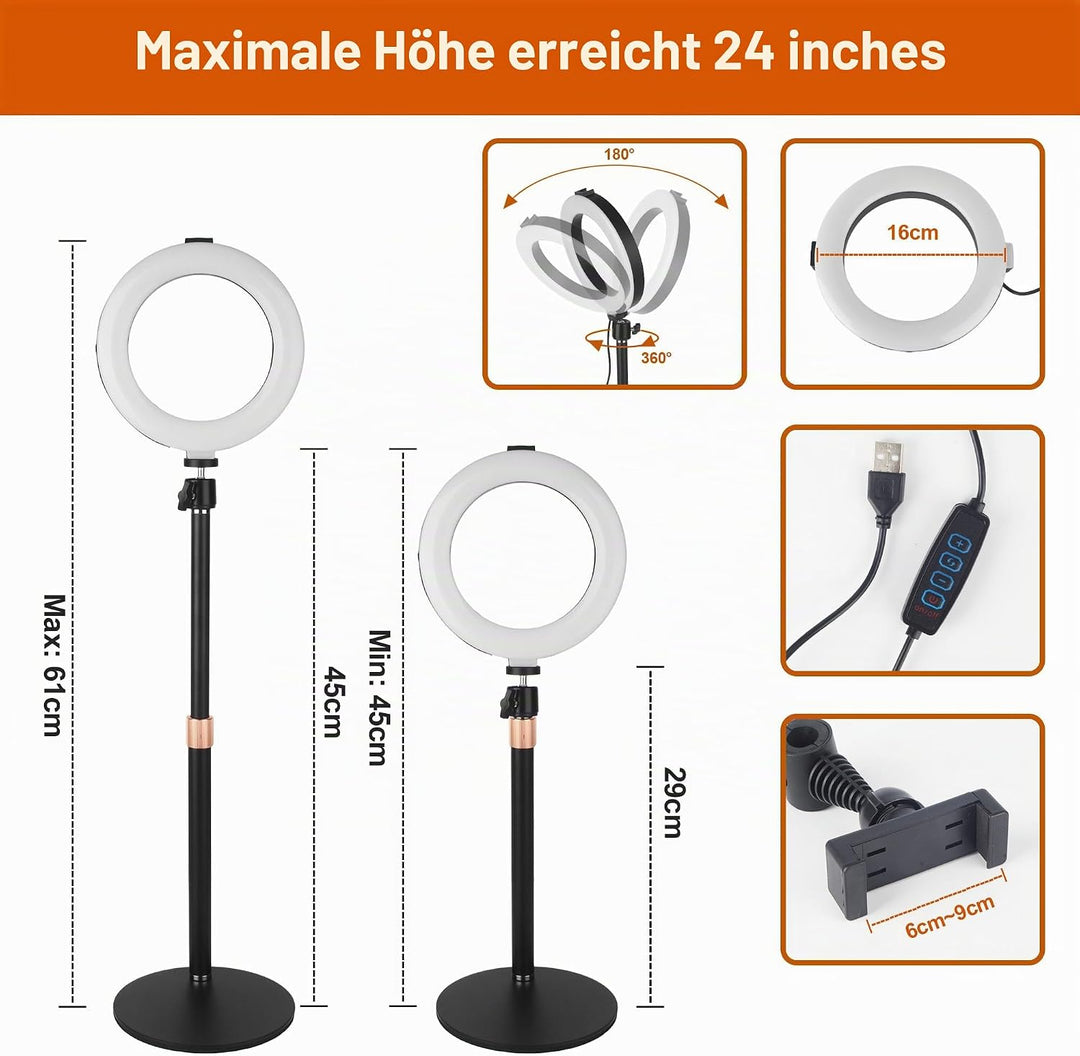 Ringlicht mit Stativ, 6 Zoll LED Ring Light mit 3 Lichtfarben und 10 Helligkeiten, Selfie Licht für