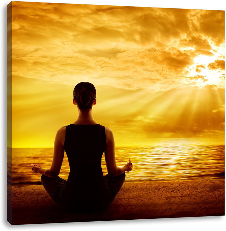 Pixxprint Frau meditiert am Strand als Leinwandbild/Grösse: 70x70 cm/Wandbild/Kunstdruck/fertig besp