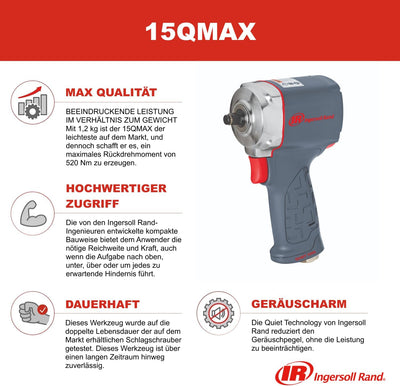 Ingersoll Rand 3/8"-Antrieb Ultrakompakter Druckluft-Schlagschrauber 15QMAX mit leiser Technologie,