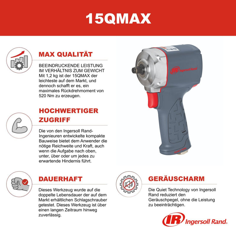 Ingersoll Rand 3/8"-Antrieb Ultrakompakter Druckluft-Schlagschrauber 15QMAX mit leiser Technologie,