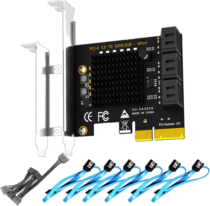 GLOTRENDS SA3026 6 Ports PCIe X4 SATA Erweiterungskarte, inklusive SATA Kabel und 1:5 SATA Splitter