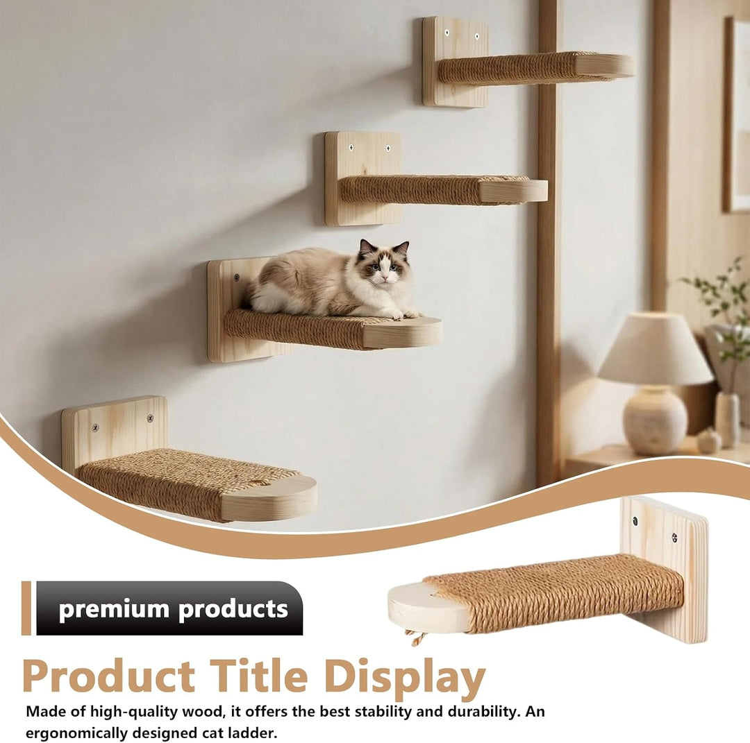 4 Stück Katzentreppe Wand: Holz Katzen Kletterwand aus Massives Gummiholz, Katzenleiter Set, Katzenw