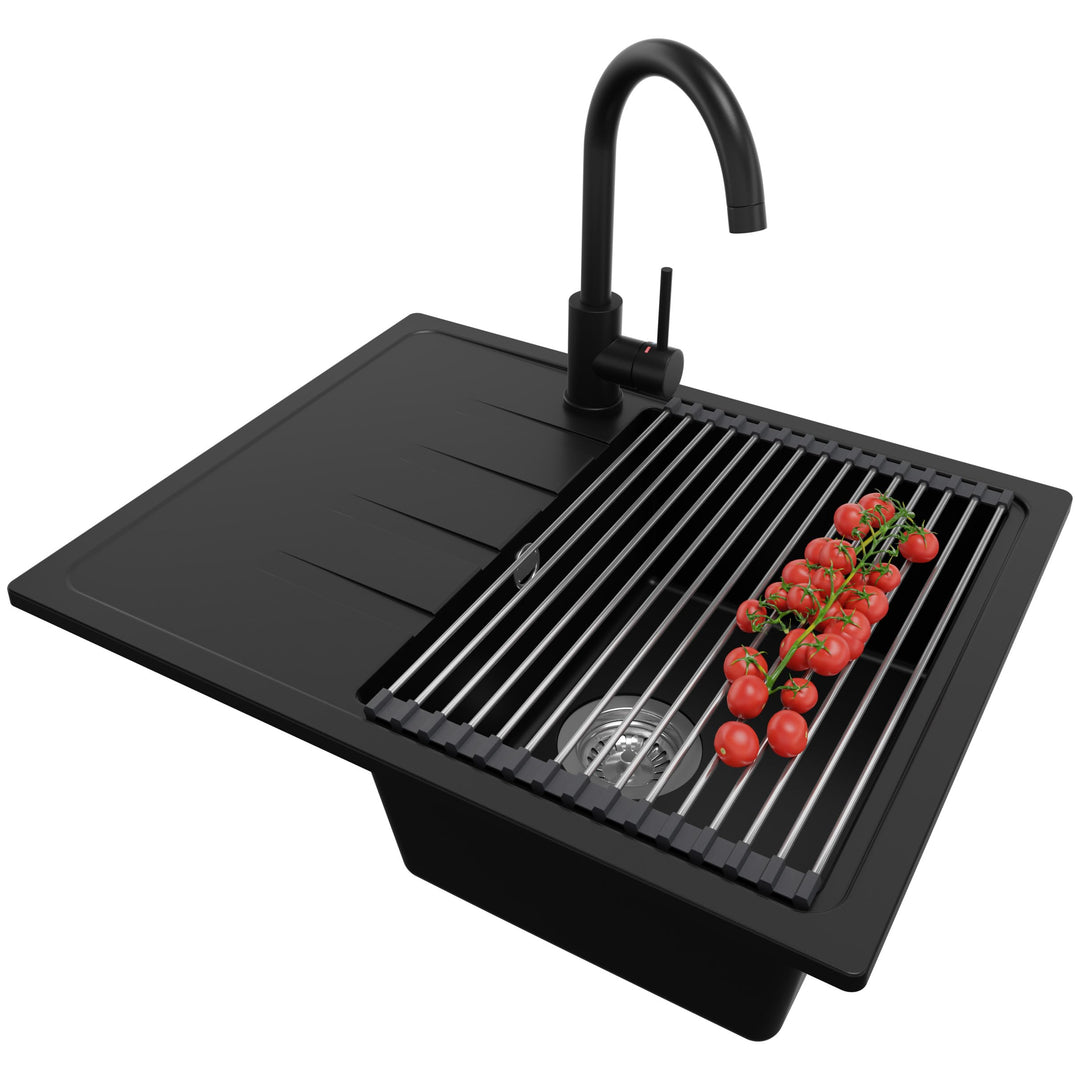 PRIMAGRAN Granitspüle Schwarz 62x50cm, Spülbecken 1 Becken + Küchenarmatur 32x20cm + Zuberhor-Set, K