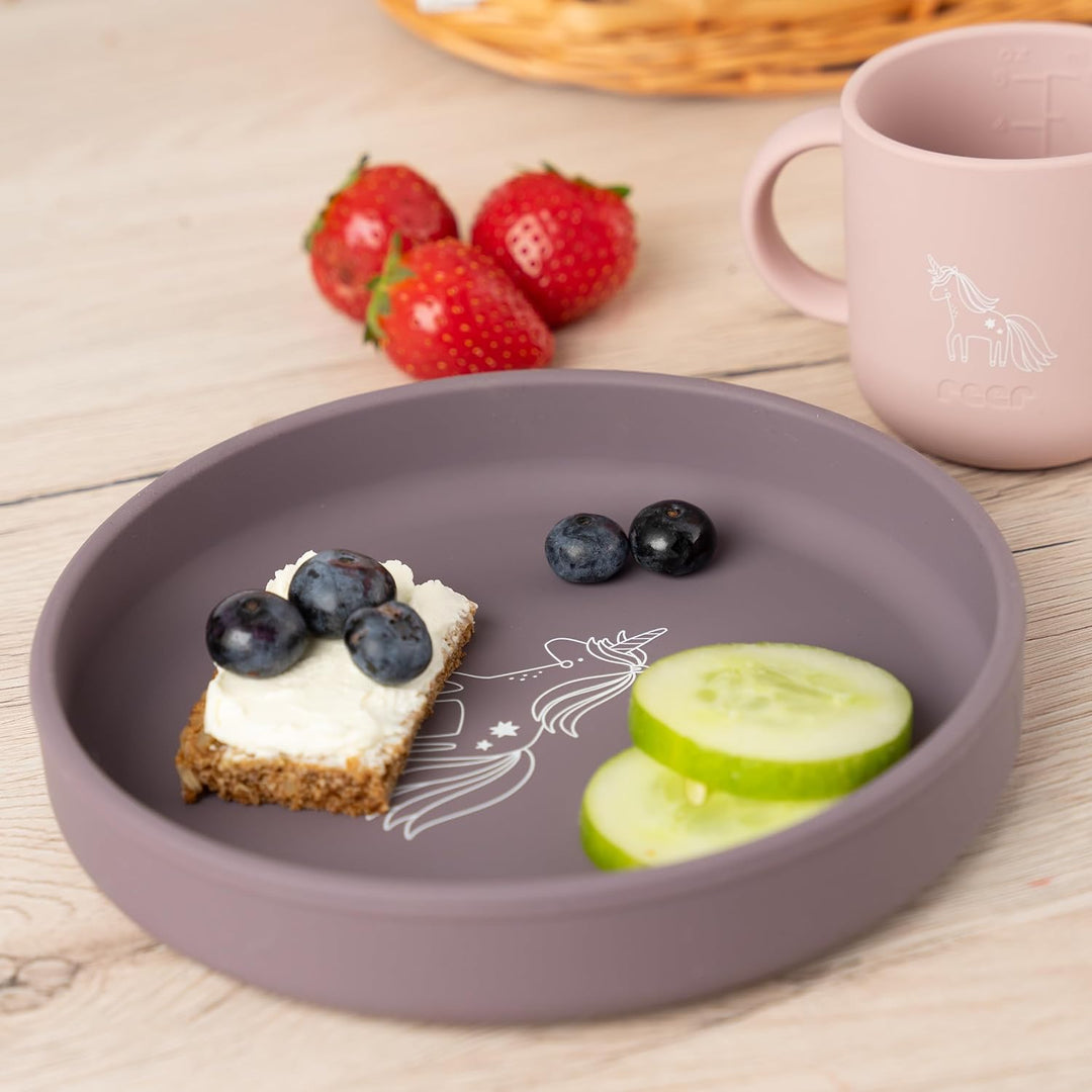 reer Silikon Geschirrset| Kinder-Geschir | 4-teilig – Teller, Schale, Becher & Löffel | lebensmittel