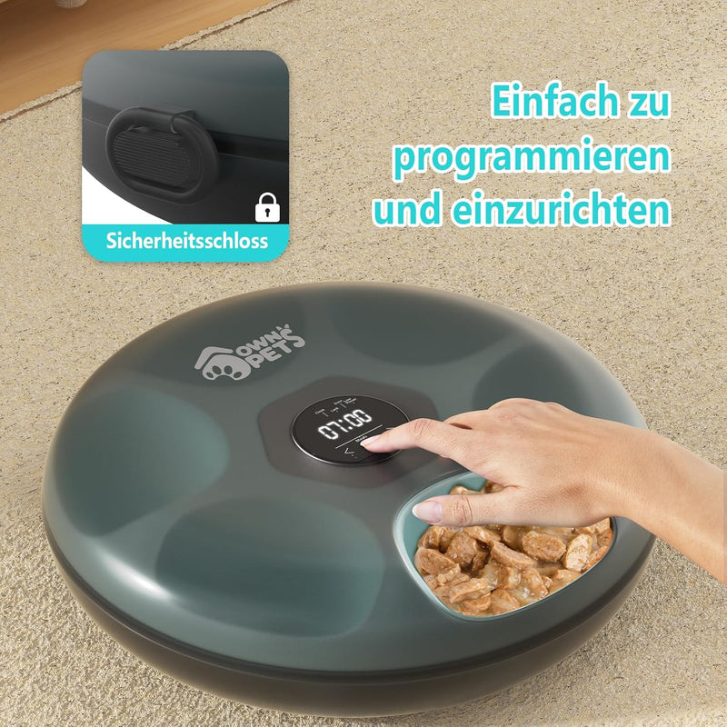 Ownpets 6 Mahlzeiten Automatischer Katzenfutterautomat für Nass-/Trockenfutter, mit 2 Kühlakkus, pro