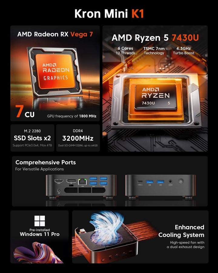ACEMAGICIAN K1 Mini PC, AMD Ryzen 5 7430U (6C/12T, up to 4.3Ghz),32GB DDR4 512GB M.2 SSD Mini Comput