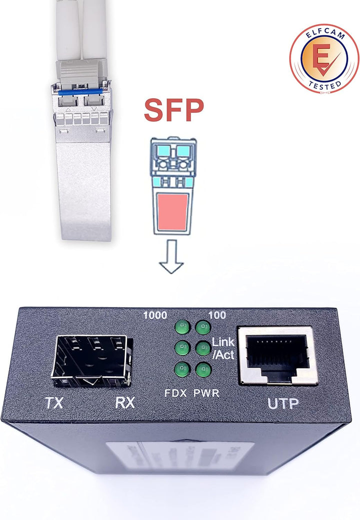 Elfcam® - Ethernet-Faser-Konverter, RJ45 Gigabit/Mini-GBiC SFP-Modul (1,25 G SFP Port) Multimode-Ein