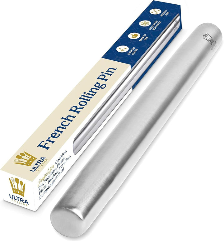 Professionelles französisches Nudelholz zum Backen, 40 cm, glattes Edelstahl-Metall und konisches De