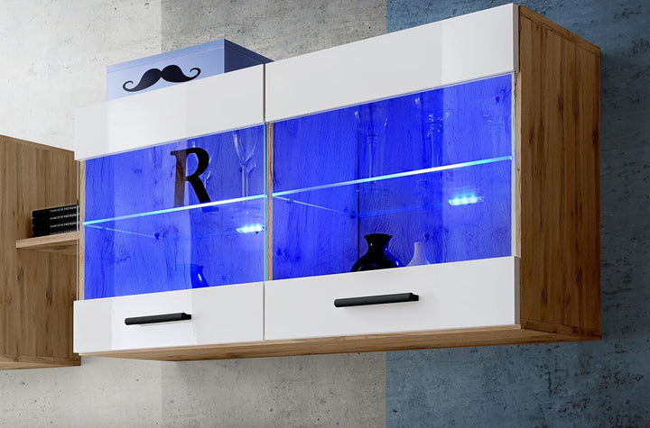 Komodee, Vitrine Schrank Savona, Wotan/Weiss, Breite 100cm x Höhe 50cm x Tiefe 30cm, LED RGB, 2 Glas