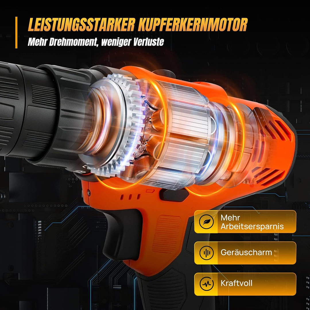 Akku-Bohrmaschine 21V Akkuschrauber Set mit 1.5 Ah Akku, Akku Bohrschrauber Set 25+1 Drehmomentstufe
