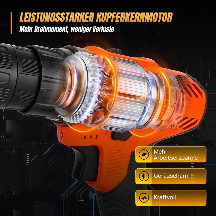 Akku-Bohrmaschine 21V Akkuschrauber Set mit 1.5 Ah Akku, Akku Bohrschrauber Set 25+1 Drehmomentstufe