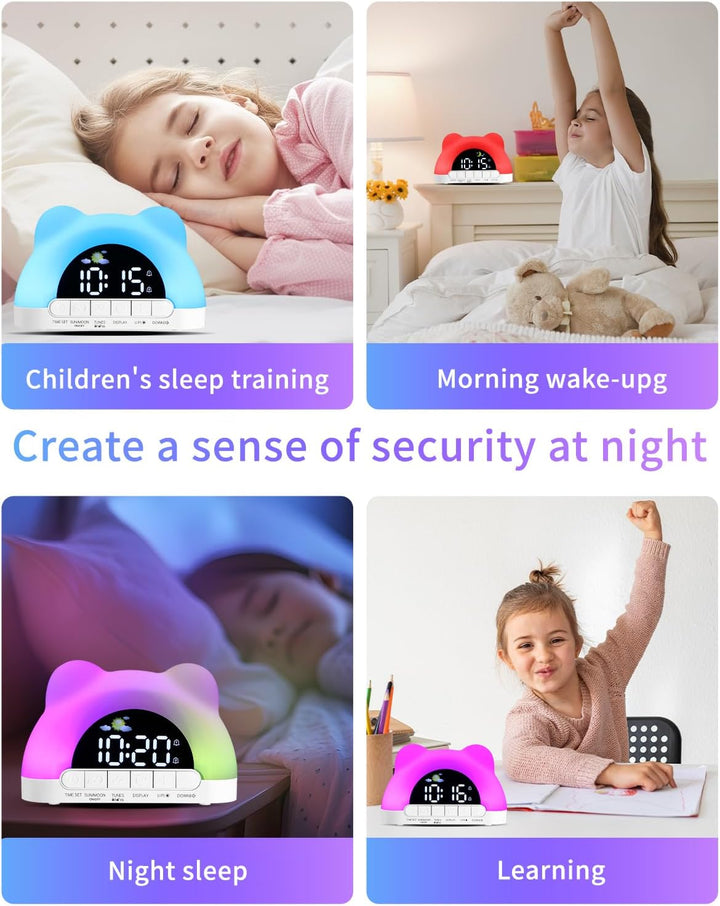PERMUST Wecker Kinder 10 Weckerlärme, 11 RGB-Farben, 2 Alarme + Snooze, Schlaftrainer, Einstellbare