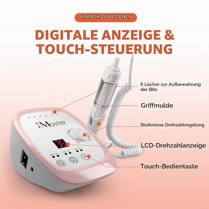 Nagelfräser JCMaster Profi, Fräser Nägel max. 35.000 U/Min, Elektrische Nagelfeile mit Fusspedal für