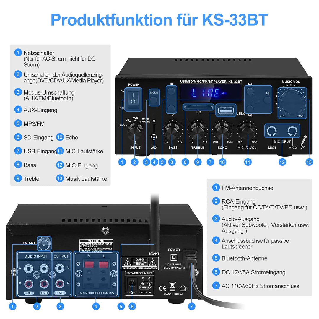 Audio-Verstärker für Zuhause, KS-33BT 2-Kanal Bluetooth5.0 HiFi-Verstärker, RMS 60W X 2 Max 400W X 2