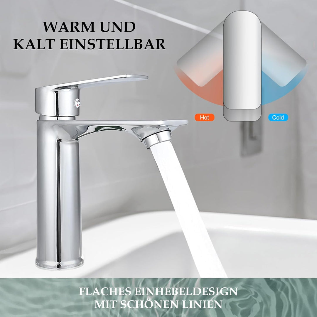 Wasserhahn Bad, Waschtischarmatur aus Edelstahl, Einhebelmischer für Waschbecken mit Keramikkartusch