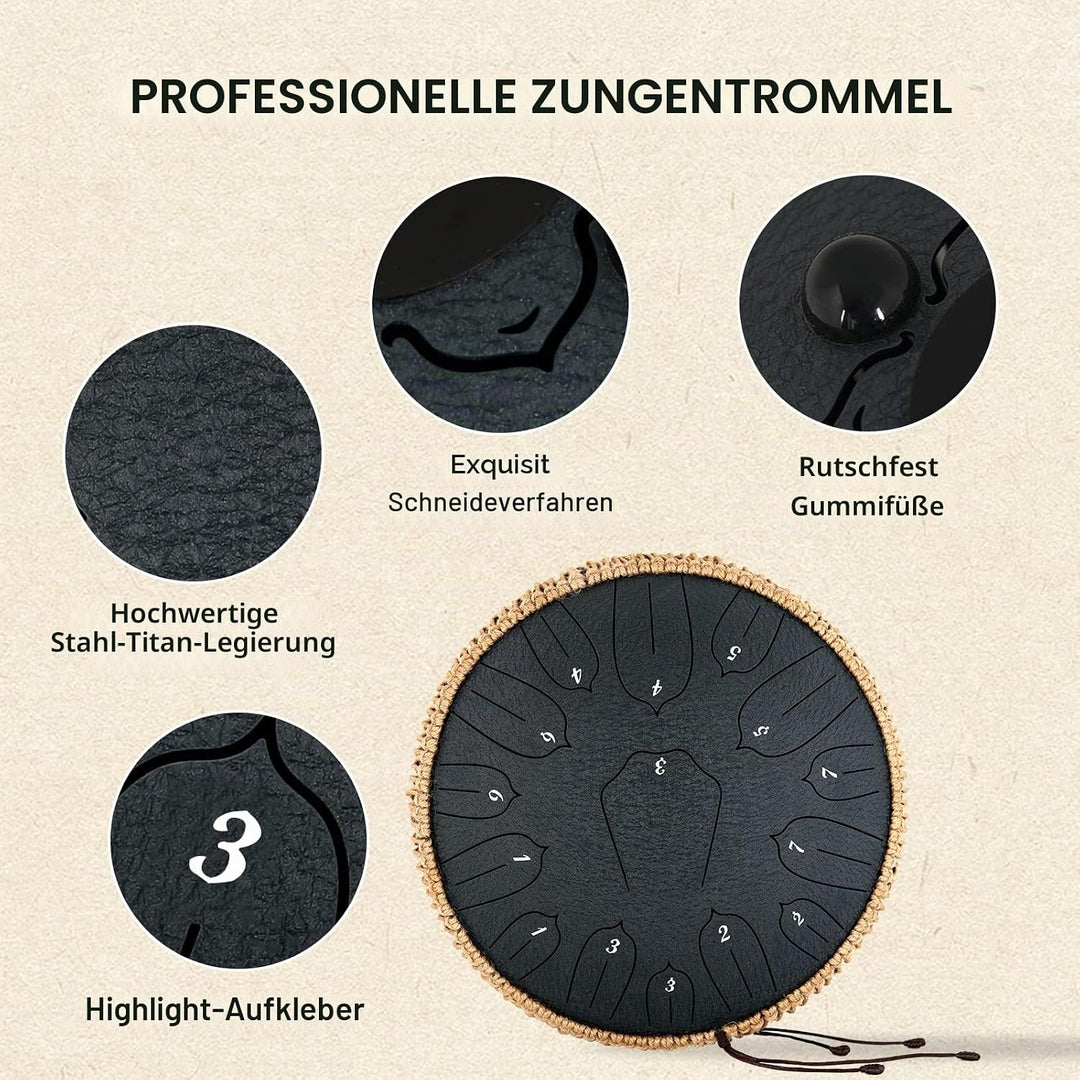Musfunny Steel Tongue Drum, 12 Zoll 15 Tone Zungentrommel Handpan Trommel, D-Dur Steel Pan Töne Schl