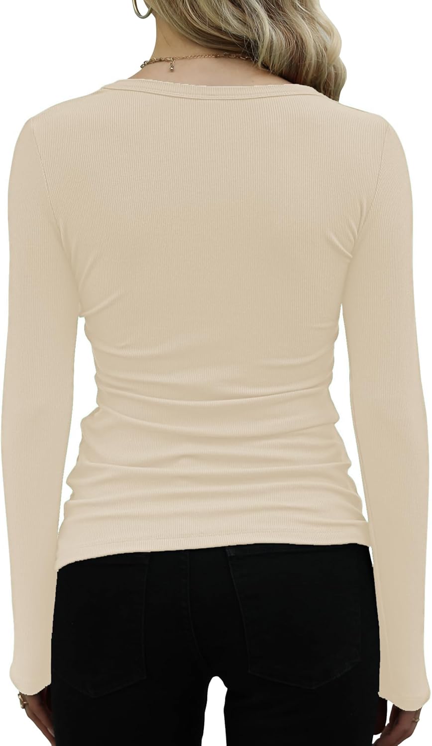 Langarmshirt Damen Rundhal Pullover Elegant Langarm Oberteile Rippshirt Tshirts Basic Tops Cremeweis