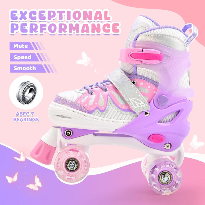 NEMONE Rollschuhe für Mädchen Kinder 4 Grössen Verstellbar Blau Violett Rollschuhe für Kinder Drinne