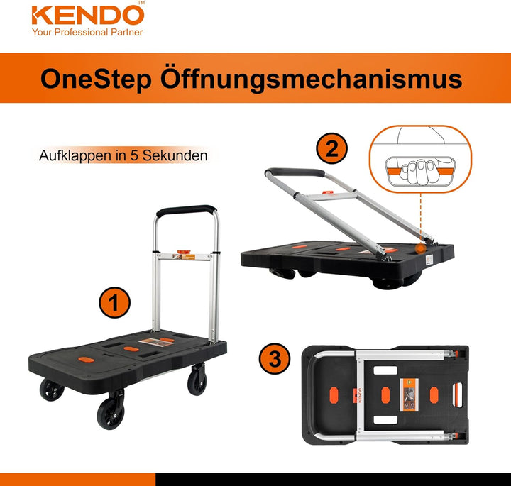 KENDO Plattformwagen klappbar 150 kg Tragkraft - Transportwagen klappbar mit Teleskop Handgriffen -