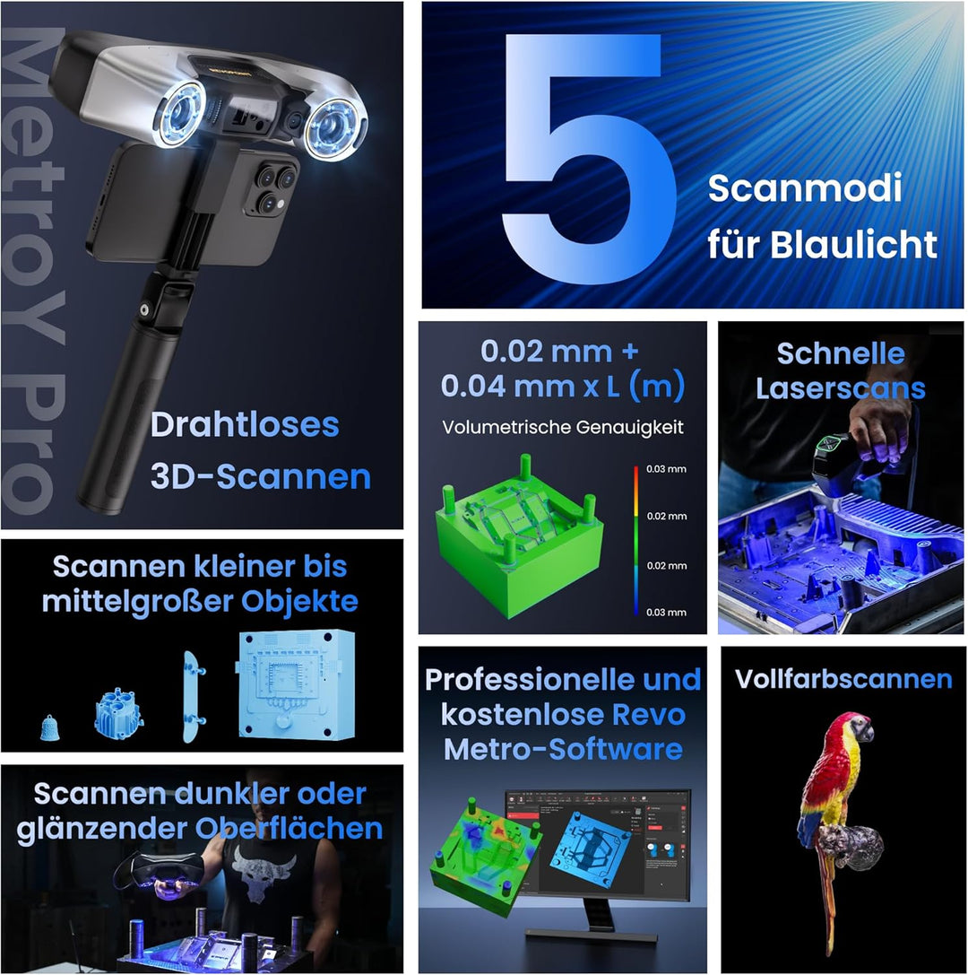 Revopoint MetroY Pro 3D-Scanner für 3D-Druck, 5 Scanmodi, bis zu 0,01 mm Präzision, 34+15+1 industri