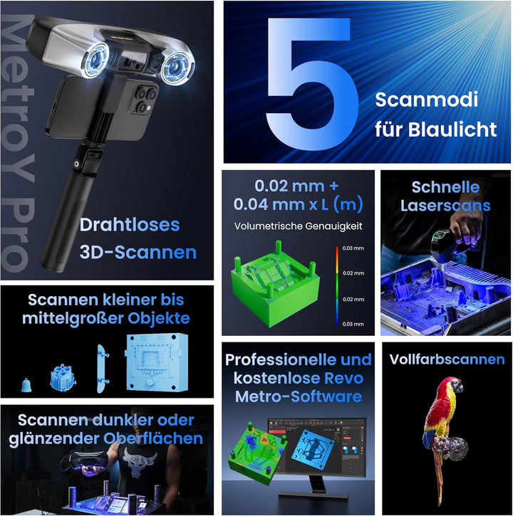 Revopoint MetroY Pro 3D-Scanner für 3D-Druck, 5 Scanmodi, bis zu 0,01 mm Präzision, 34+15+1 industri