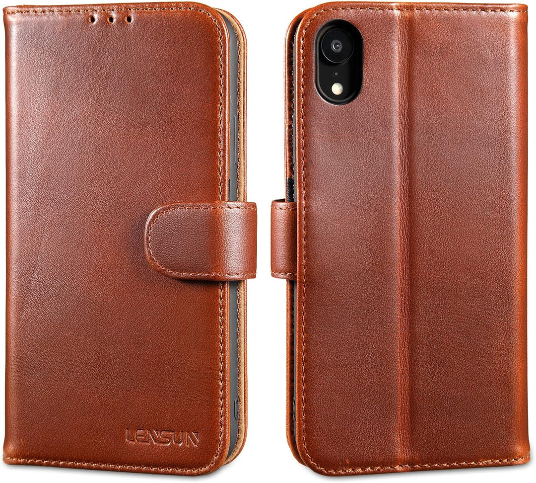 LENSUN Echtleder Hülle für iPhone XR, Handyhülle Leder [Kartenfach][Magnetverschluss][RFID Schutz] H