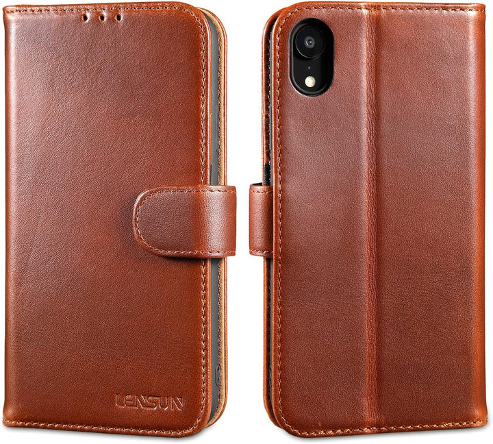 LENSUN Echtleder Hülle für iPhone XR, Handyhülle Leder [Kartenfach][Magnetverschluss][RFID Schutz] H