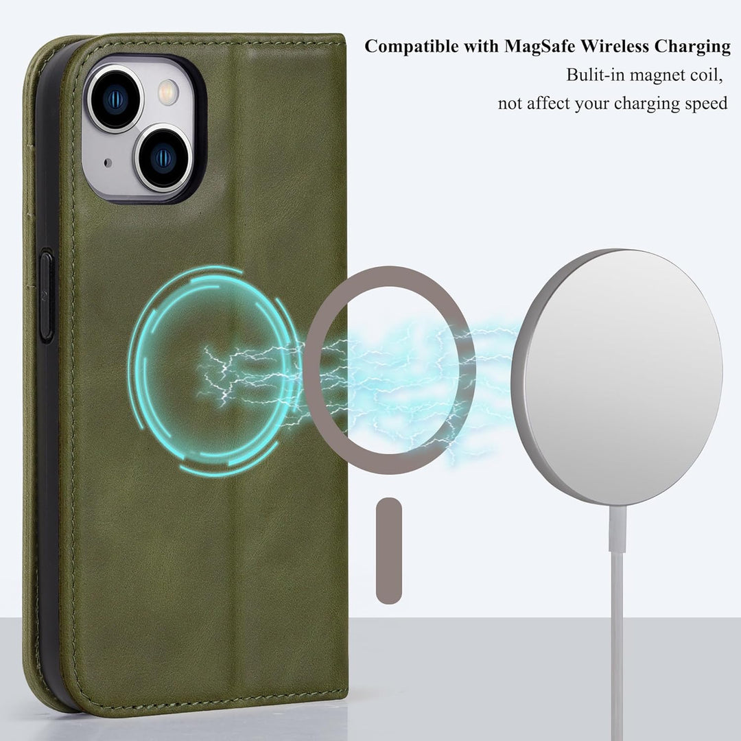 VISOUL Hülle für iPhone 15, Schutzhülle [Echt Leder] [Schützt vor Stoss] [Kartenfach] [Magnetverschl