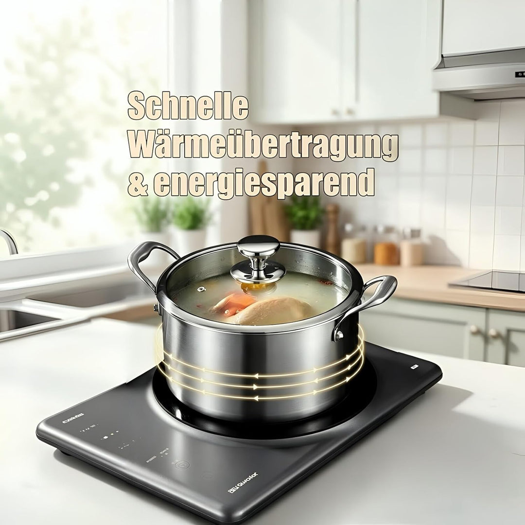 Edelstahl Suppentopf 26 cm - 4.5 Liter - Mit Glasdeckel - Induktionsgeeignet - PFAS-frei - Spülmasch
