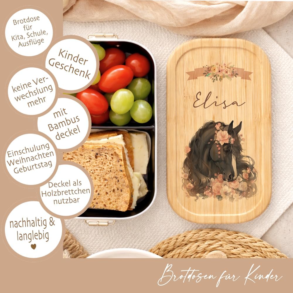 Manufaktur Liebevoll - Personalisierte Brotdose Pferd Pony m. Fächern, Edelstahl Lunchbox I Bambus D