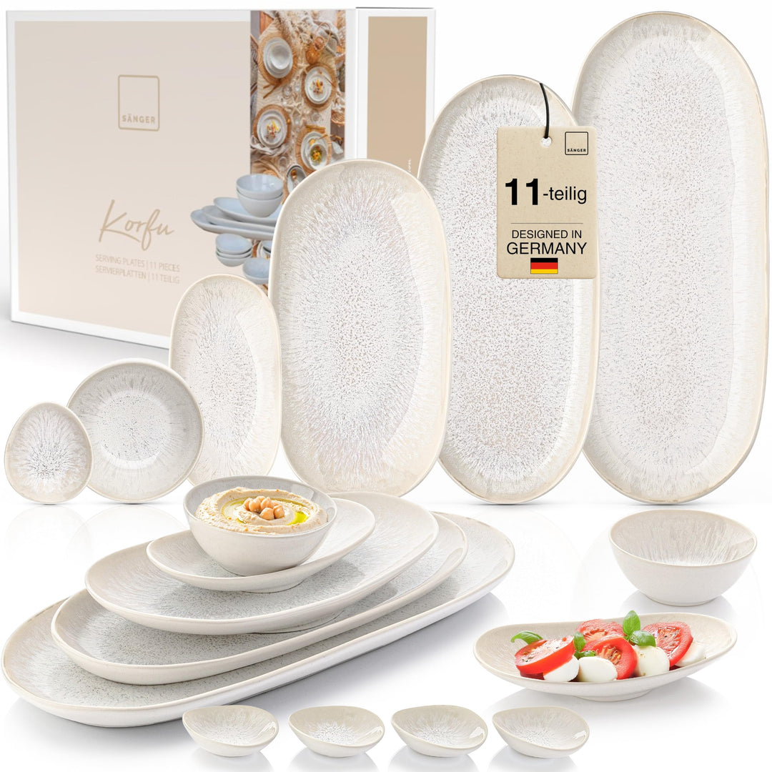 SÄNGER Korfu Servierplatten Set 11tlg Steingut in Creme Beige mit Maserung | Elegantes Anrichteplatt