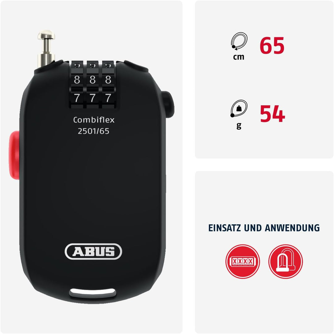 ABUS Spezialschloss Combiflex 2501/65 - Geeignet als Gepäcksicherung, Skischloss, Helmsicherung - mi