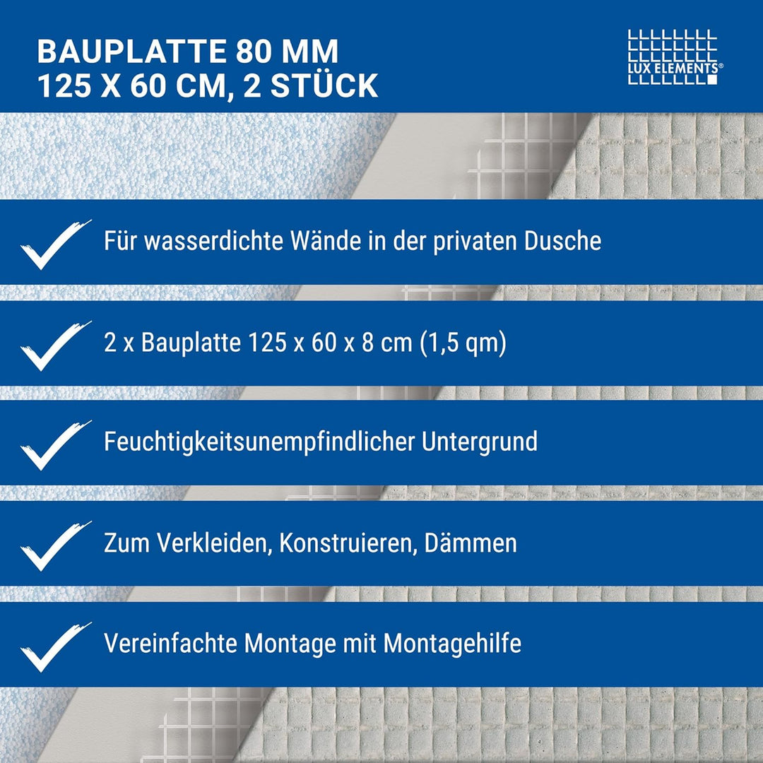 LUX ELEMENTS Bauplatte Fertig zum Verfliesen 125 x 60cm 2 Stk. I Hartschaumplatte 80mm aus expandier