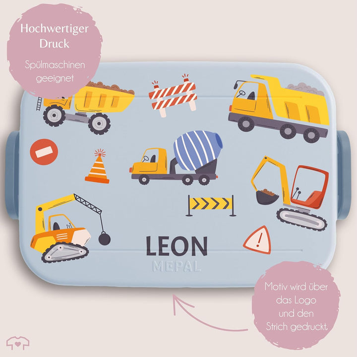 Kinder Bento Box Midi für Mepal Bentobox - Brotbox Bagger mit Name Lunchbox Baustelle Jausenbox Baus