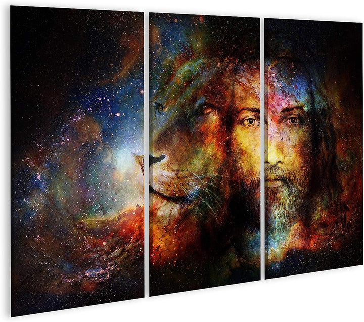islandburner Bild auf Leinwand Gemälde Von Jesus Mit Einem Löwen Im Kosmischen Raum Blickkontakt Und
