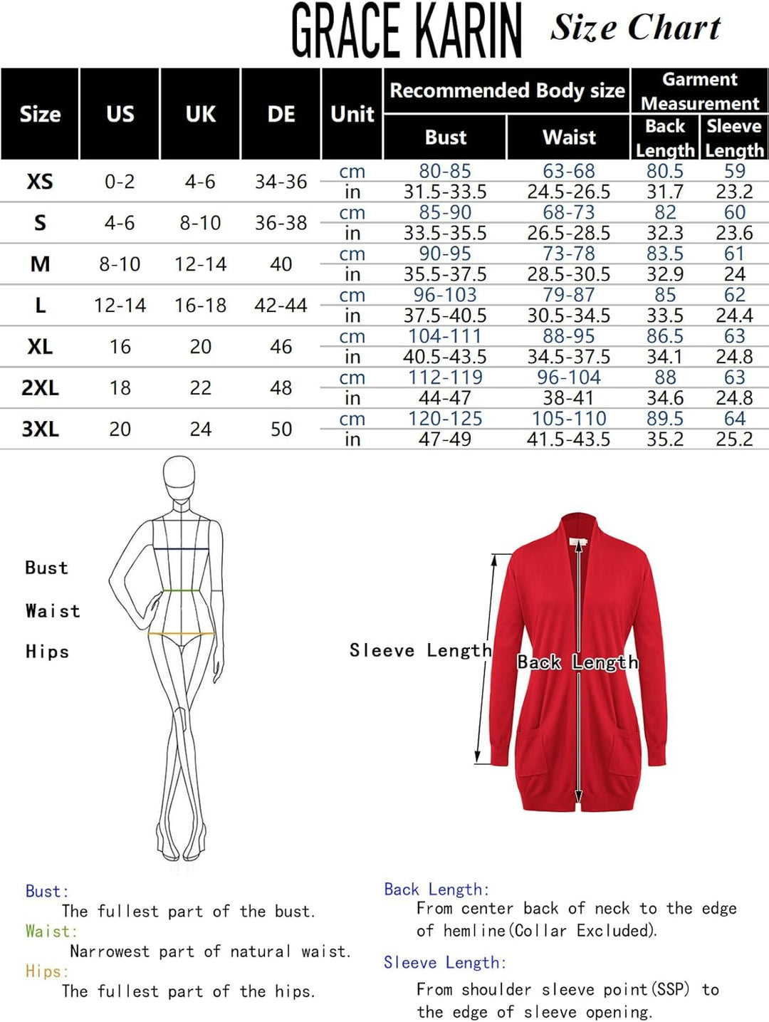 GRACE KARIN Damen Langarm Offene Strickjacke Lang Strickmantel Casual High Stretchy Cardigan mit Tas